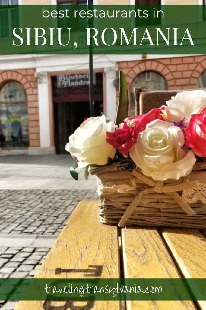 Pinterest graphic:  Flowers on table with text: Where to eat in Sibiu, Romania