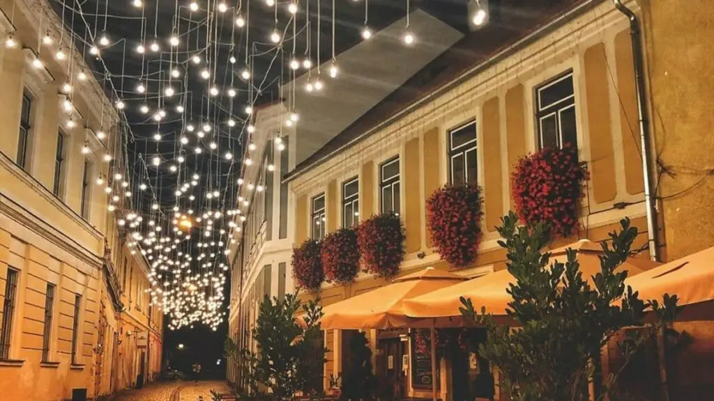 Sparkling hanging lights in Piata Muzeului, Cluj-Napoca, Romania.