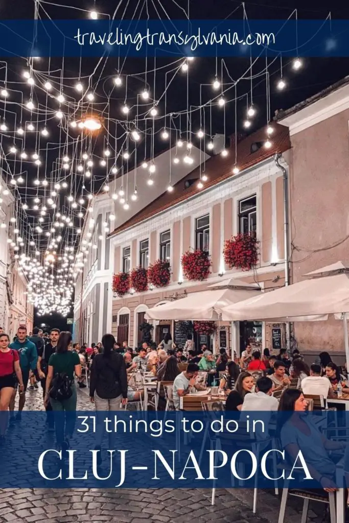 Pinterest graphic - Piata Muzeului with text 31 things to do in Cluj Napoca