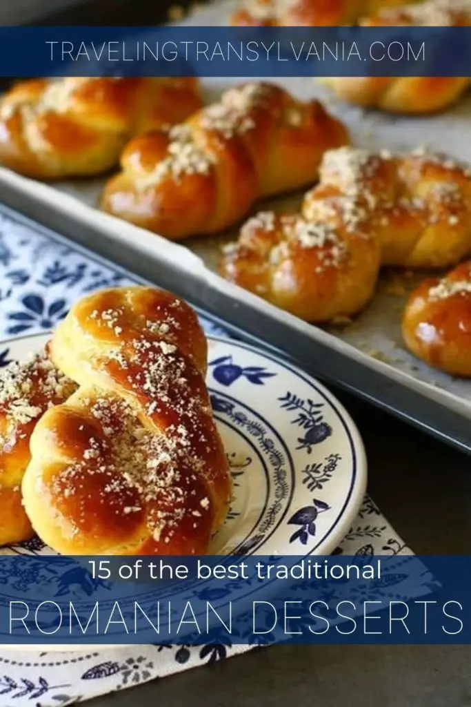 Pinterest graphic - 15 Traditional Romanian desserts with photo of Mucenici.