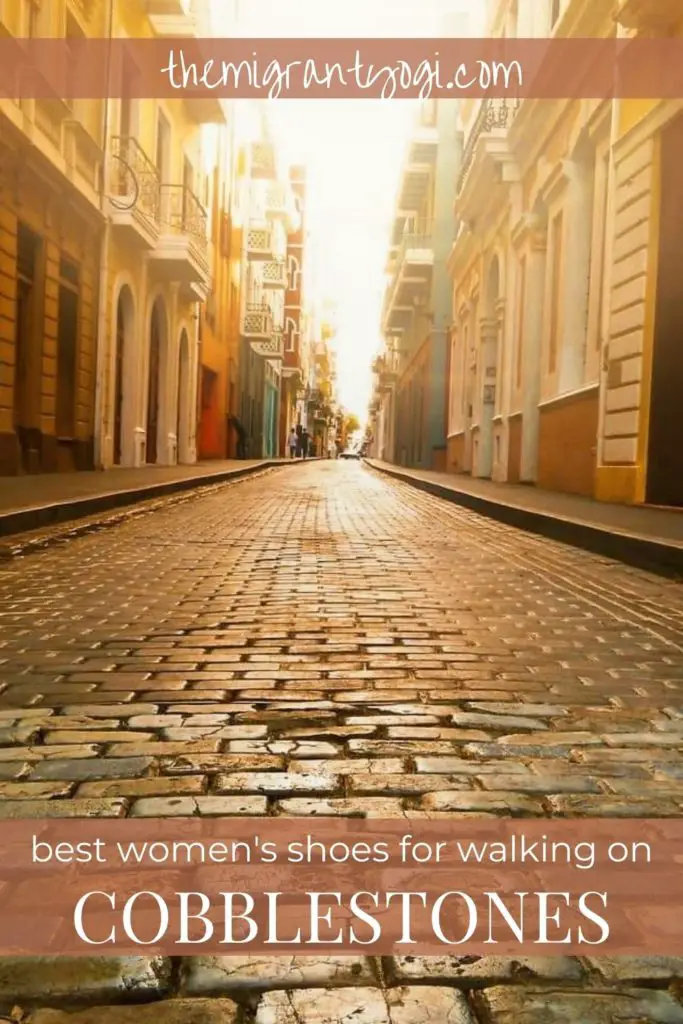 Sun gleaming on an empty cobblestone street in Europe.  Pinterest graphic: Best Women's Shoes for Cobblestones