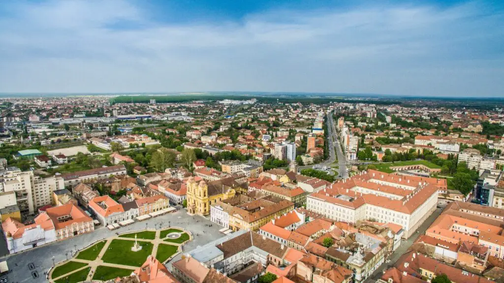 Timisoara old town seen from aerial perspective.