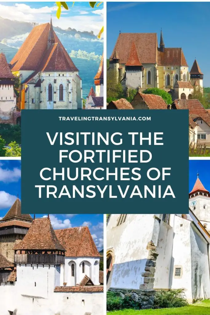 Pinterest graphic - 4 images with text 'Visiting the Fortified Churches of Transylvania'