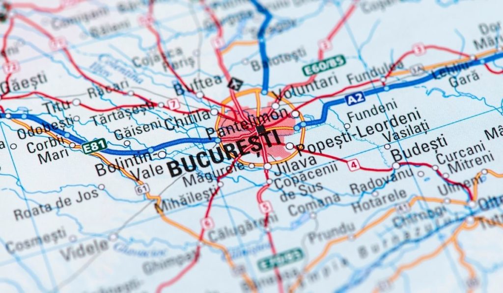 Street map focused in on Bucuresti, Romania. Getting from Bucharest to Transylvania