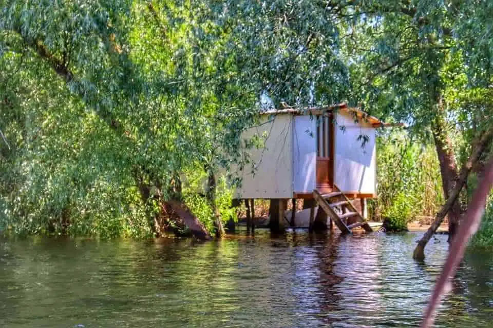 Raised hut above the water on the Danube Delta, Romania