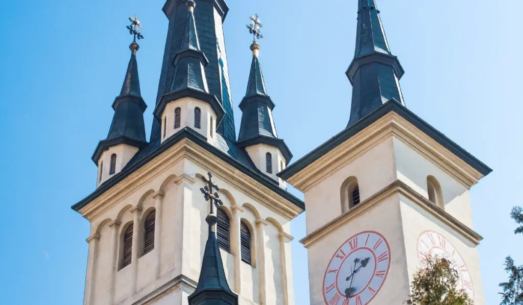 Close up image of Saint Nicholas Church in Brasov, Romania.
