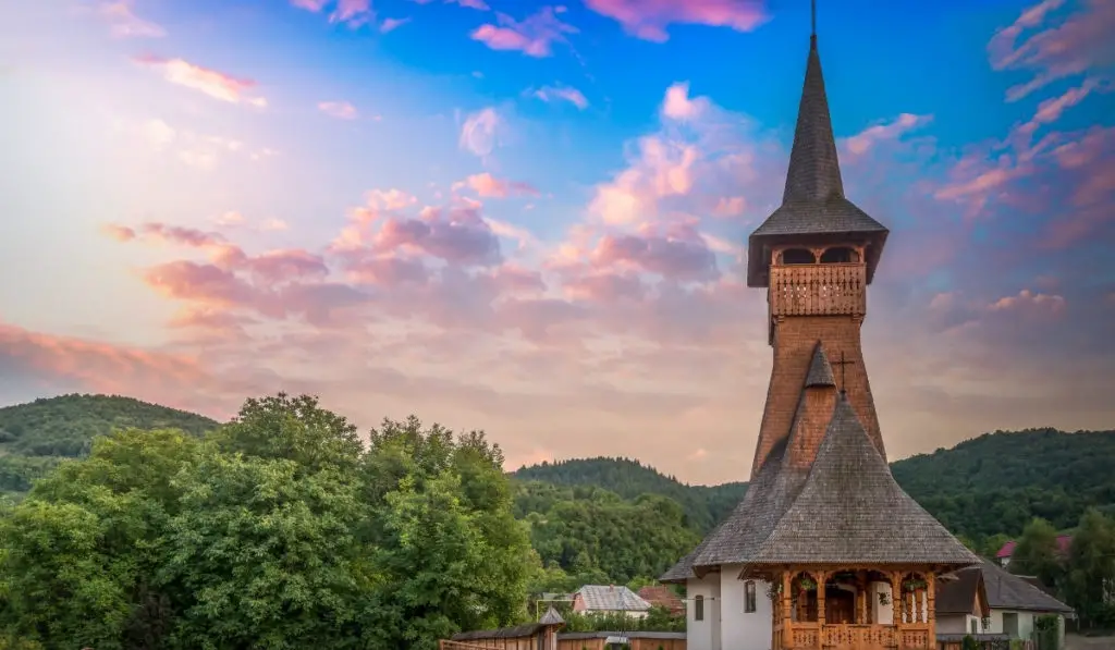 Wooden Maramures churches during sunset
