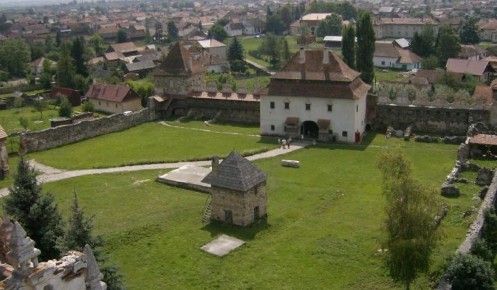 Inner courtyard of Lazar Castle seen from above, one of the most beautiful Transylvanian castles.