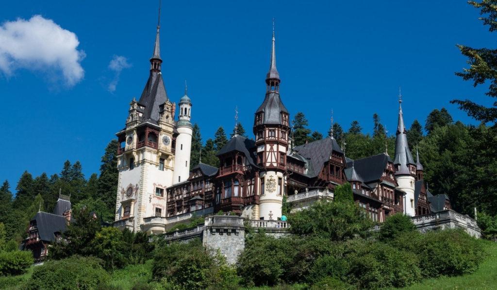 Peles Castle seen from below in the mountains of Transylvania and Wallachia border.