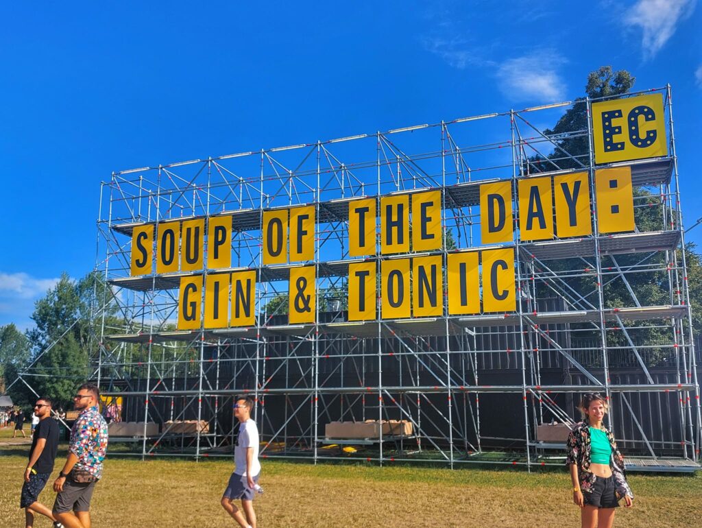 Sign at Electric Castle Festival that reads 'Soup of the Day: Gin & Tonic' in Cluj.