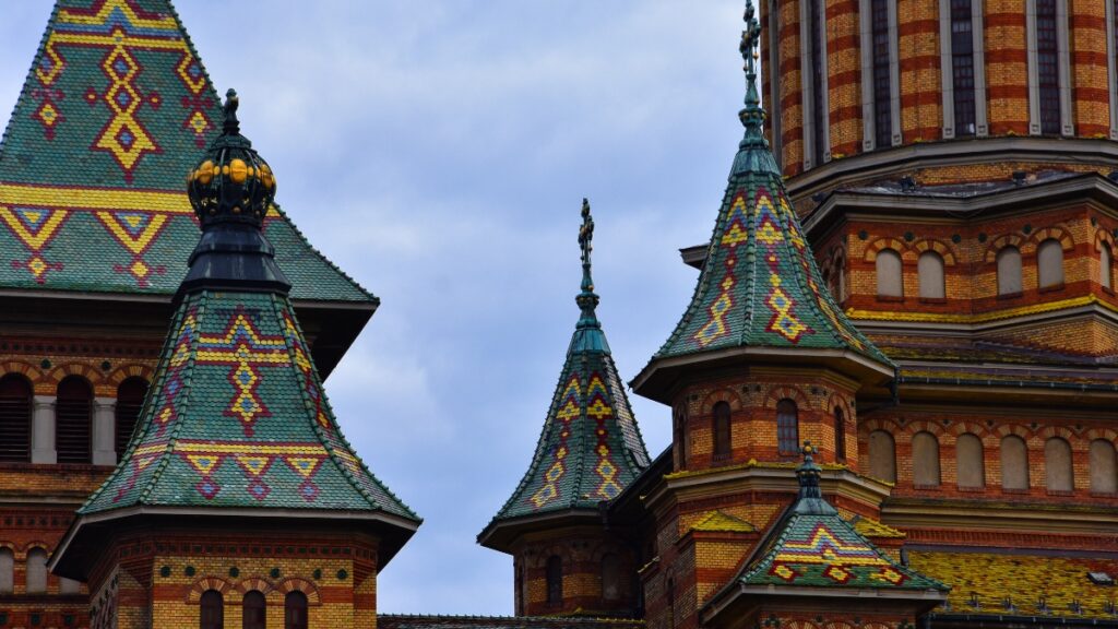 Mosaic tiled roofs of the Orthodox Cathedral in Timisoara, Romania.
