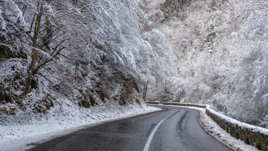 Wintery road in Transylvania mountains, Romania