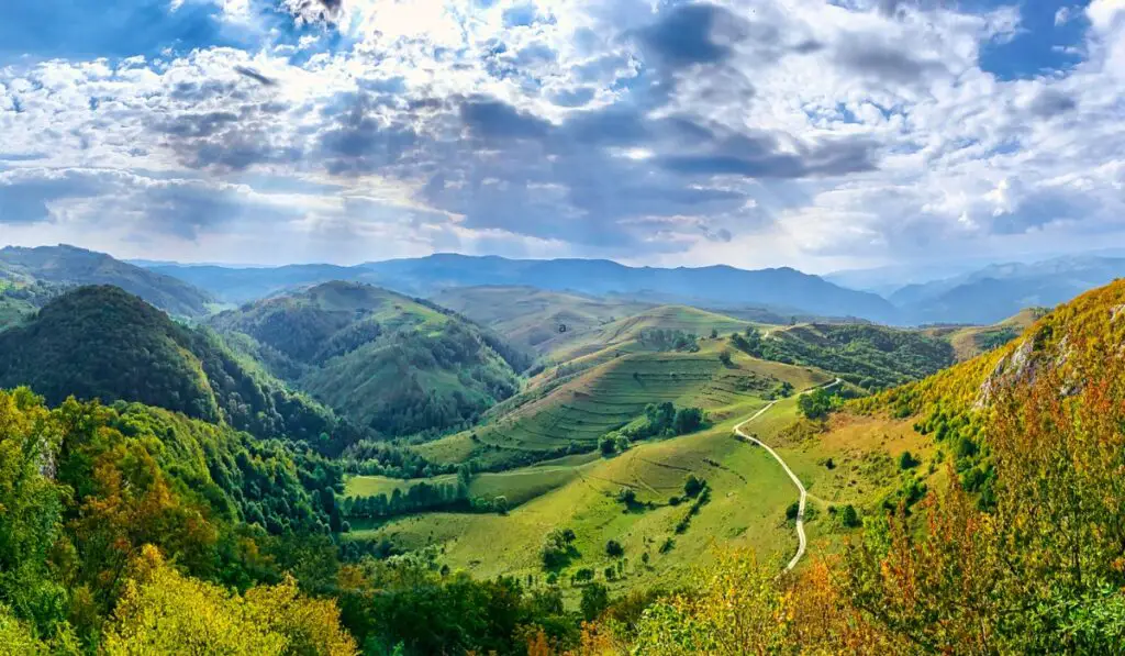 Beautiful scenic vista overlooking valleys of Apuseni mountains.