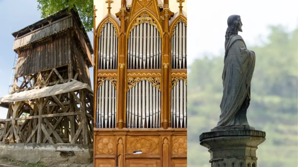 Three photos side by side - first is the wooden belfry tower at Biertan fortified church, second is the organ inside the church, third is a statue of Christ outside the church.
