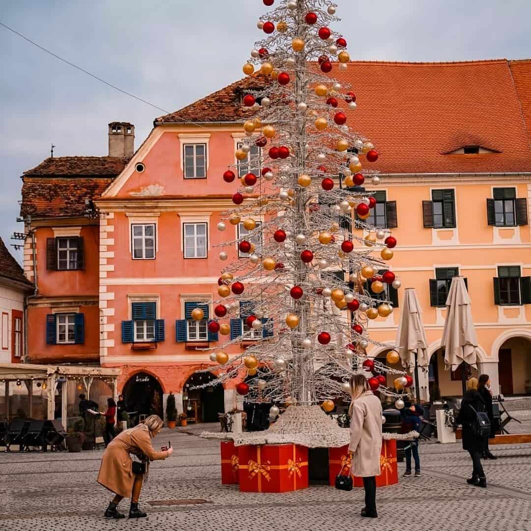 Christmas tree outside in Piata Mica, Sibiu