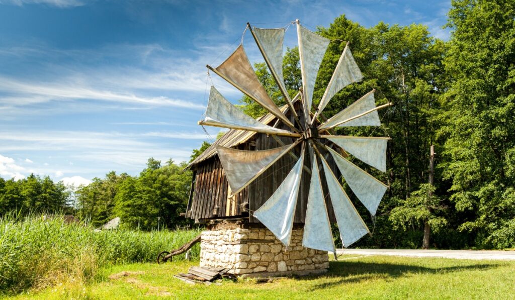 Traditional windmill with forest backdrop at Astra Sibiu.