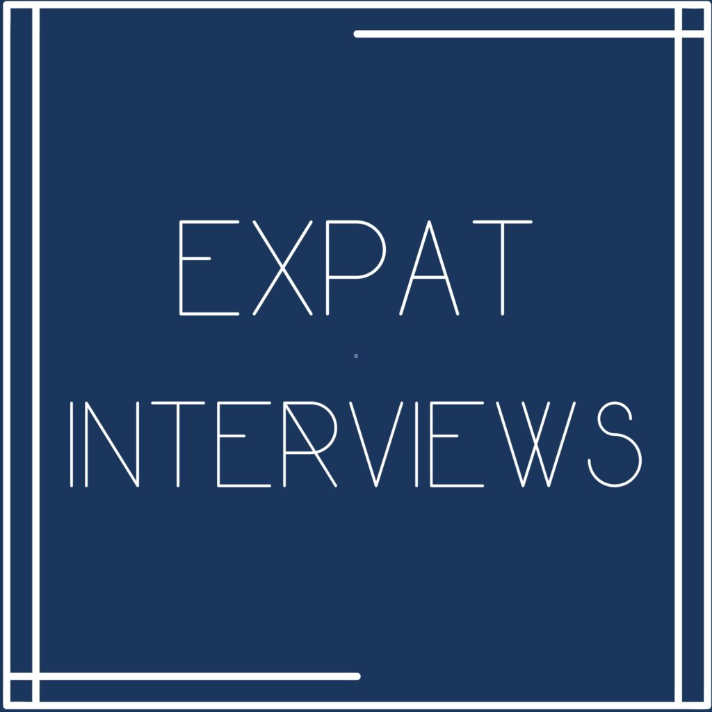White text on dark blue background - Expat Interviews