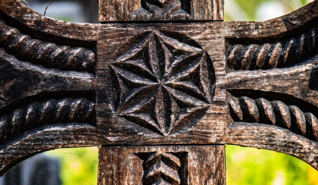 Maramures symbol carved on wood at a house in the village of Breb.