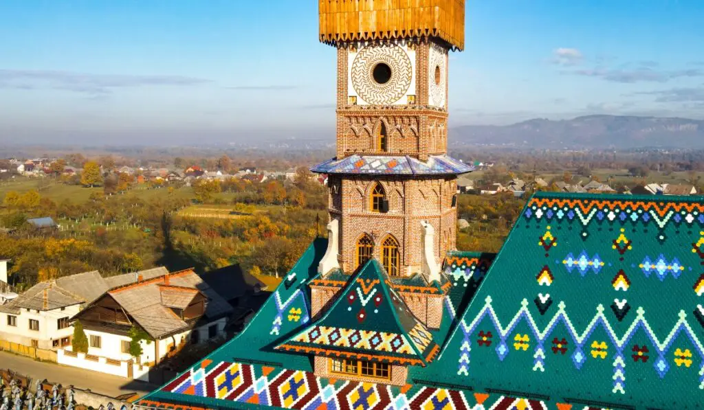 Colorful church tower in Sapanta, Romania.