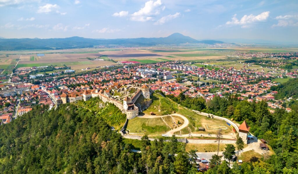 Aerial view of Rasnov citadel and town.