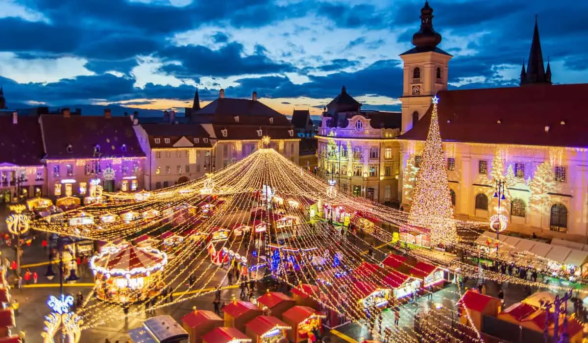 Christmas Market in Sibiu, Transylvania Romania. Beautifull sunset