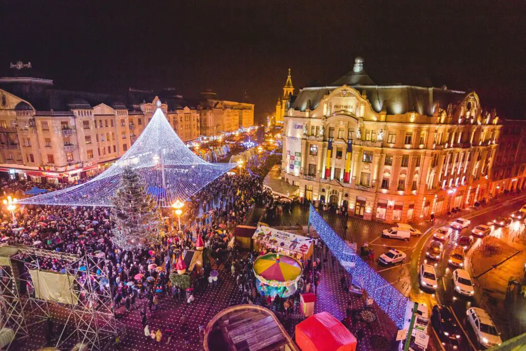 Timisoara Christmas market seen from above at night.