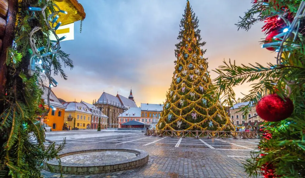 Brasov Christmas Market in Romania with its iconic tree.